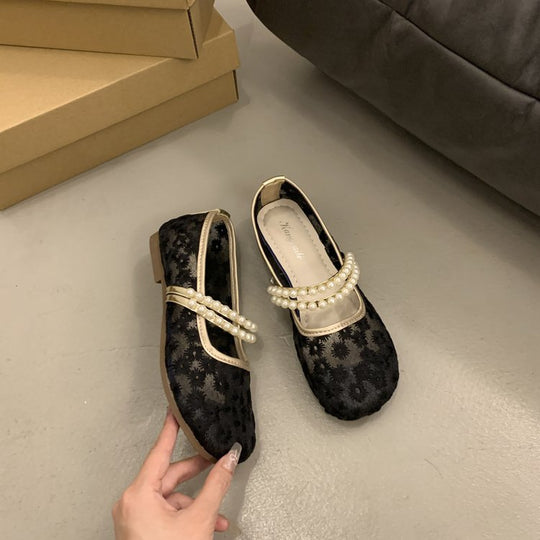 Damen elegante Ballerinas mit dekorativer Perlenapplikation und modischem Riemchen EB