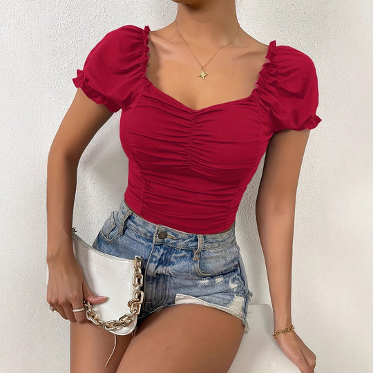Damen figurbetontes Crop-Top mit Puffärmeln und Raffung EB
