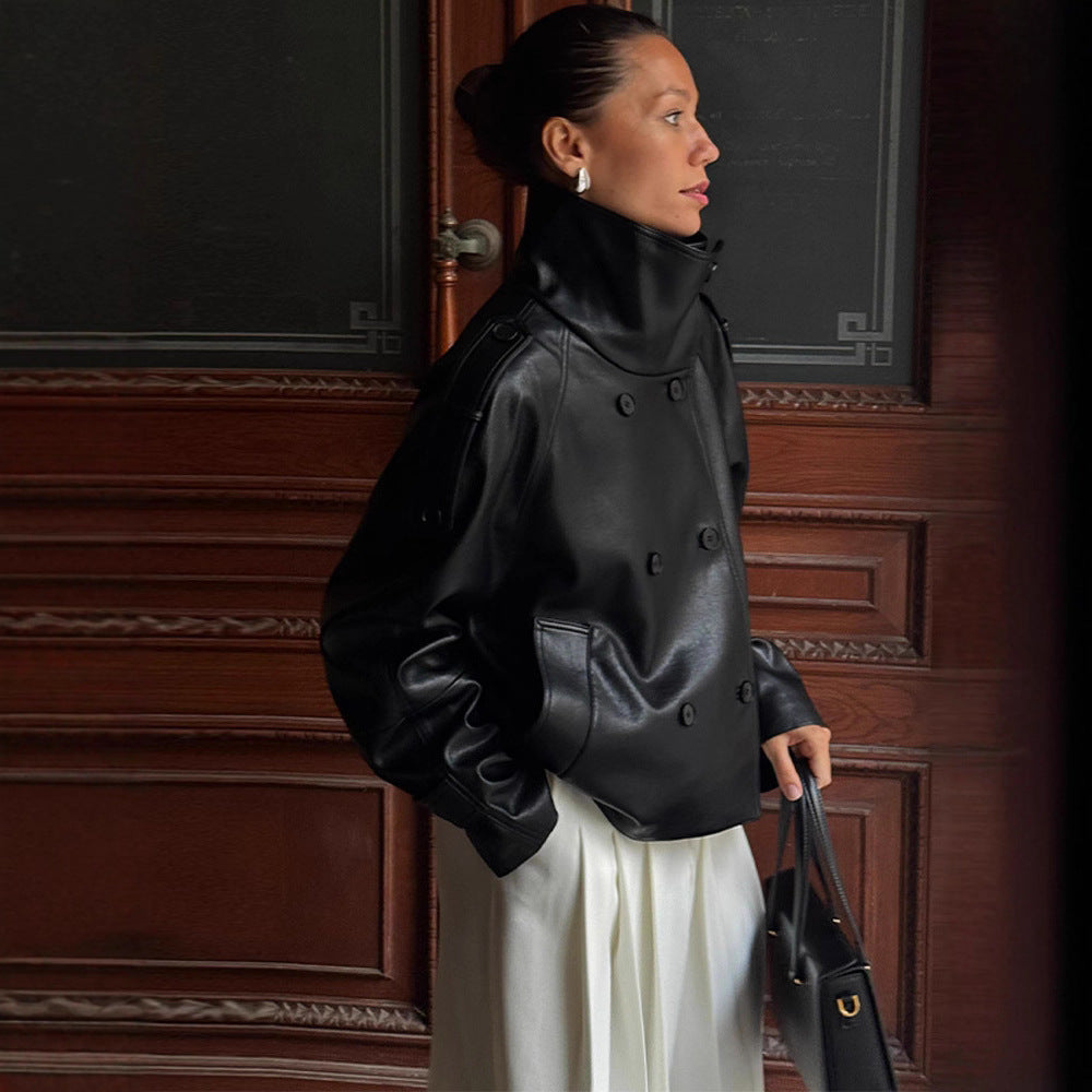 Damen Übergröße Kunstlederjacke mit asymmetrischem Revers EB