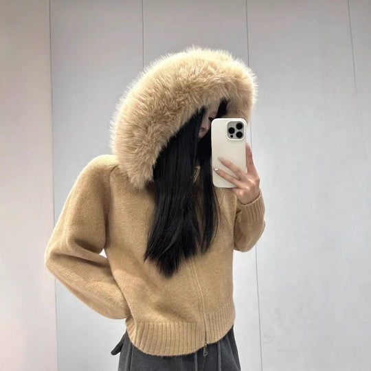 Damen kuschelige Strickjacke mit luxuriösem Pelzkragen und Reißverschluss EB