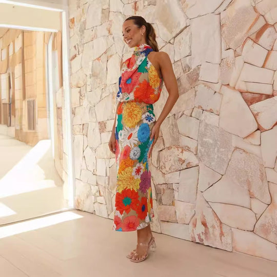 Damen Maxikleid mit kreativem Blumendesign und verspieltem Neckholder EB