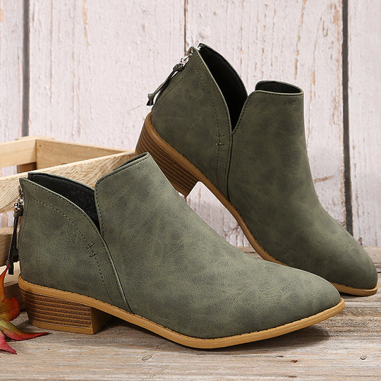 Damen nan spitze Ankleboots mit niedrigem Holzblockabsatz, V‑Cut Seitenöffnung und rückseitigem Reißverschluss EB