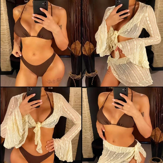 Damen Elegante Spitzenbluse mit schwingenden Ärmeln EB