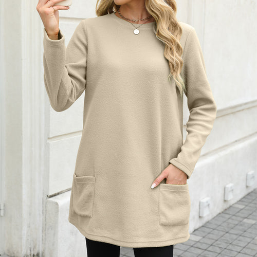 Damen nan legeres Fleece-Tunika-Kleid mit Rundhalsausschnitt und aufgesetzten Taschen EB