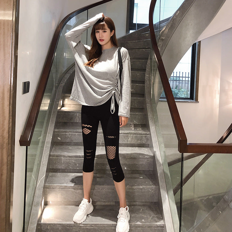 Damen Modische Leggings mit transparenten Netzdetails und Schleifen EB