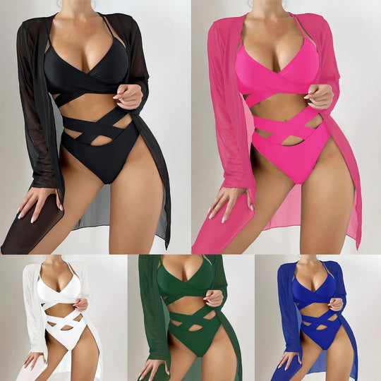 Damen Einteiler Badeanzug mit transparentem Cover-Up und modernem Schnitt EB