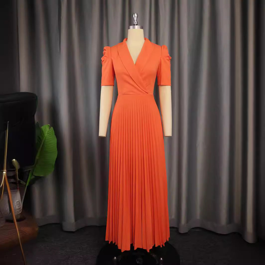 Damen elegantes Wickelkleid mit plissiertem Rock und Puffärmeln EB