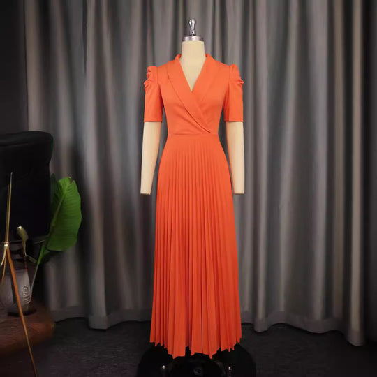 Damen elegantes Wickelkleid mit plissiertem Rock und Puffärmeln EB