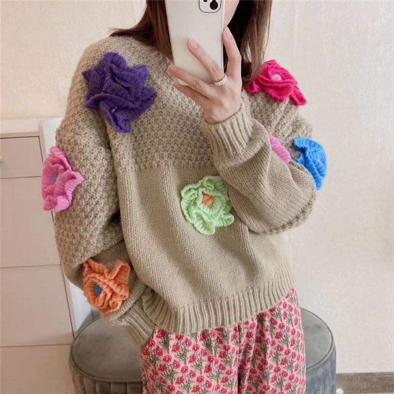 Damen Verspielter Strickpullover mit Blumenapplikationen EB