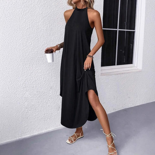 Damen lässiges Sommermaxikleid mit elegantem Halternetz und praktischen Taschen EB