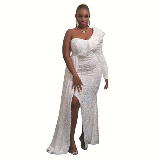 Damen Elegantes schulterfreies Maxikleid mit glitzernden Akzenten und asymmetrischem Design EB
