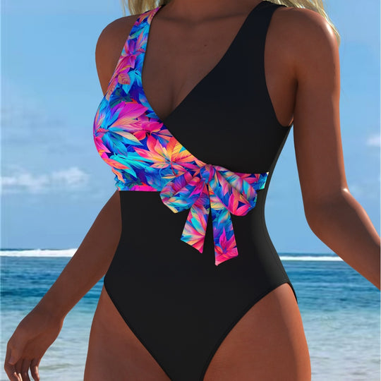 Damen Einteiler Badeanzug mit femininem Wickeldetail und auffälligem Floral-Design EB