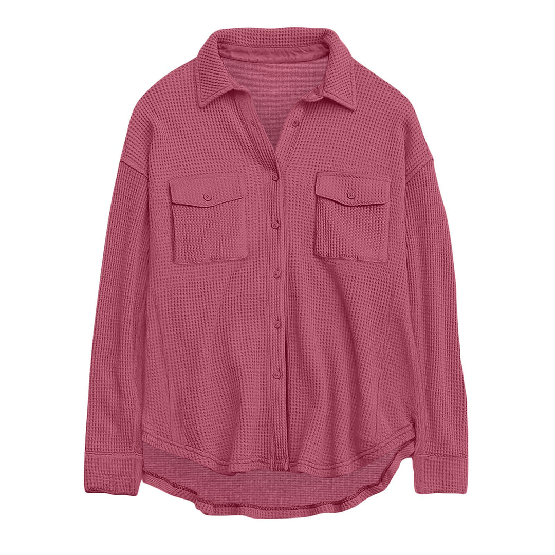 Damen nan oversized Waffelstrick Hemdjacke mit Brusttaschen und Knopfleiste EB