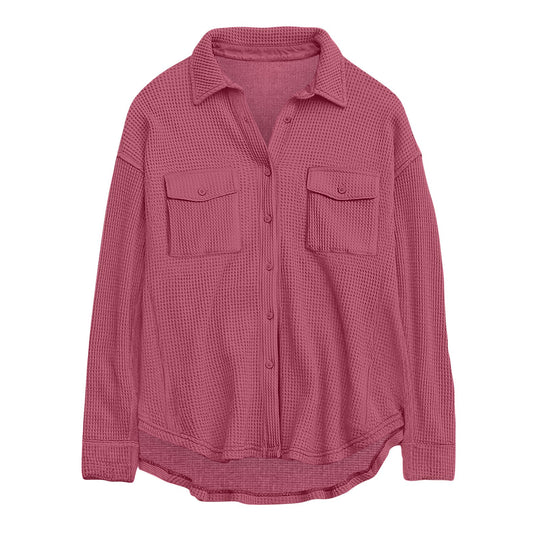 Damen nan oversized Waffelstrick Hemdjacke mit Brusttaschen und Knopfleiste EB