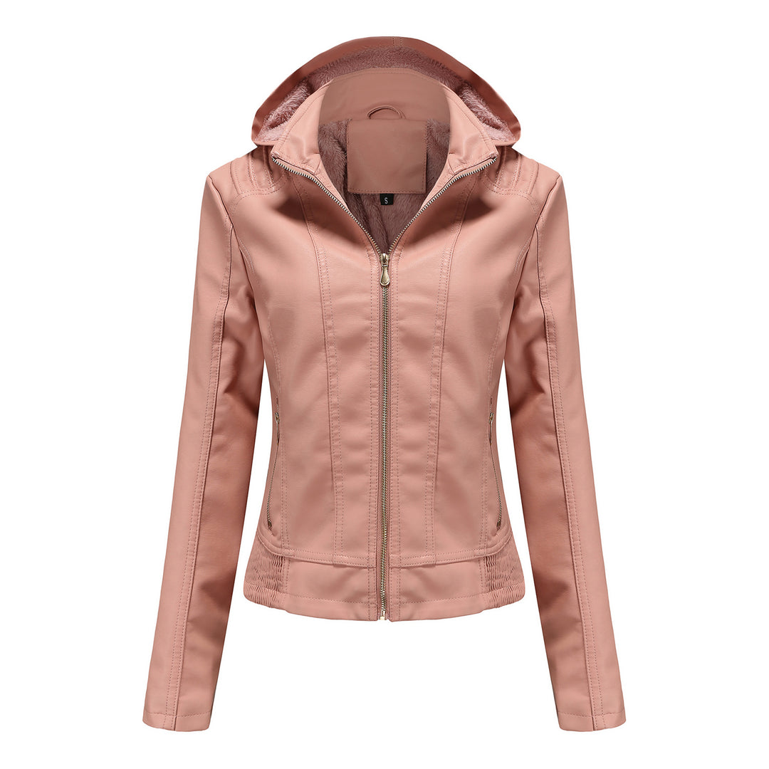 Damen stilvolle Kunstlederjacke mit hochabschließendem Kragen und elastischen Bündchen EB