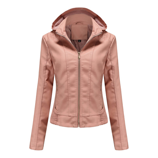 Damen nan taillierte Kunstlederjacke mit Kapuze, wattiertem Innenfutter und verdeckten Reißverschlusstaschen EB