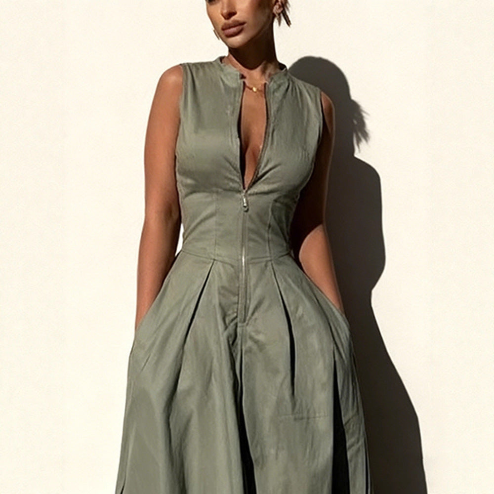 Damen elegantes Sommerkleid mit hochwertigem Reißverschluss und schwingendem Saum EB