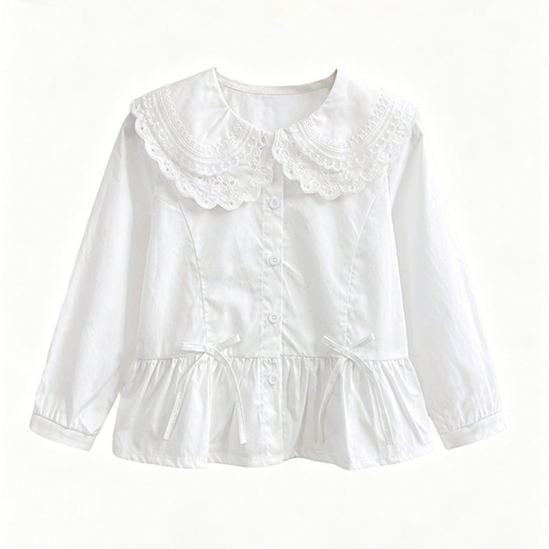 Mädchen elegante Bluse mit Spitzensaum und Rüschendetails EB