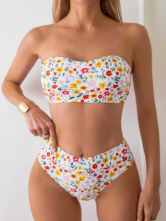 Damen Bandeau-Bikini mit hoch geschnittenem Unterteil und floralem Print EB