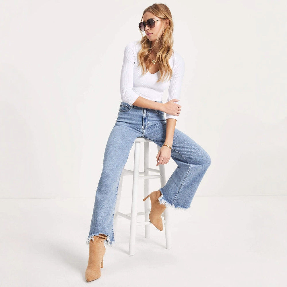 Damen Weit geschnittene Jeans mit fransigem Saum und hohem Bund EB