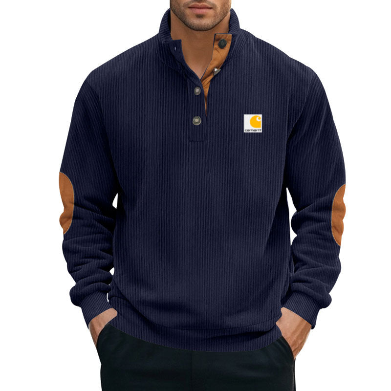 Herren nan Strickpullover im Troyer-Stil mit Stehkragen Lederbesatz Druckknopfleiste und Ellbogen-Patches EB