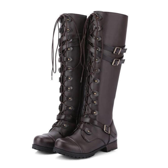 Damen Langer Schnür-Stiefel mit modischen Schnallen und robustem Profil EB