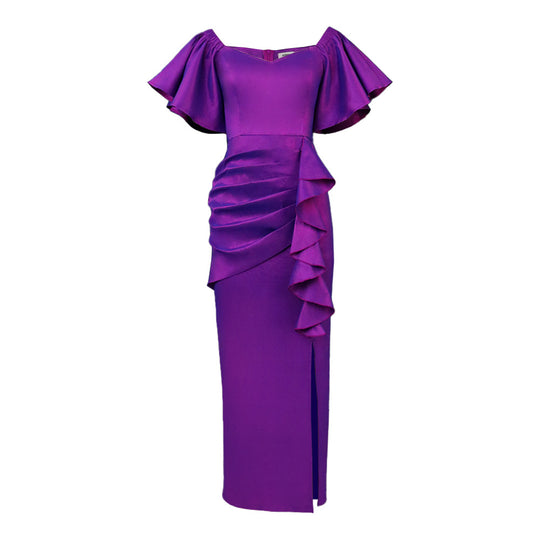 Damen Elegantes Maxikleid mit voluminösen Ärmeln und asymmetrischem Rüschen-Design EB