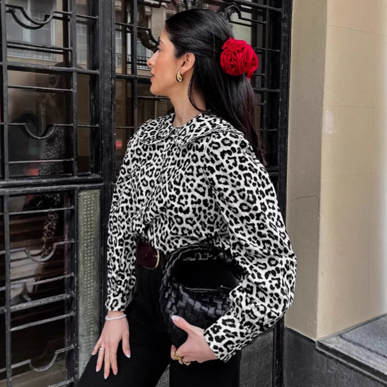 Damen Modische Bluse mit Leopardenmuster und voluminösen Ärmeln EB