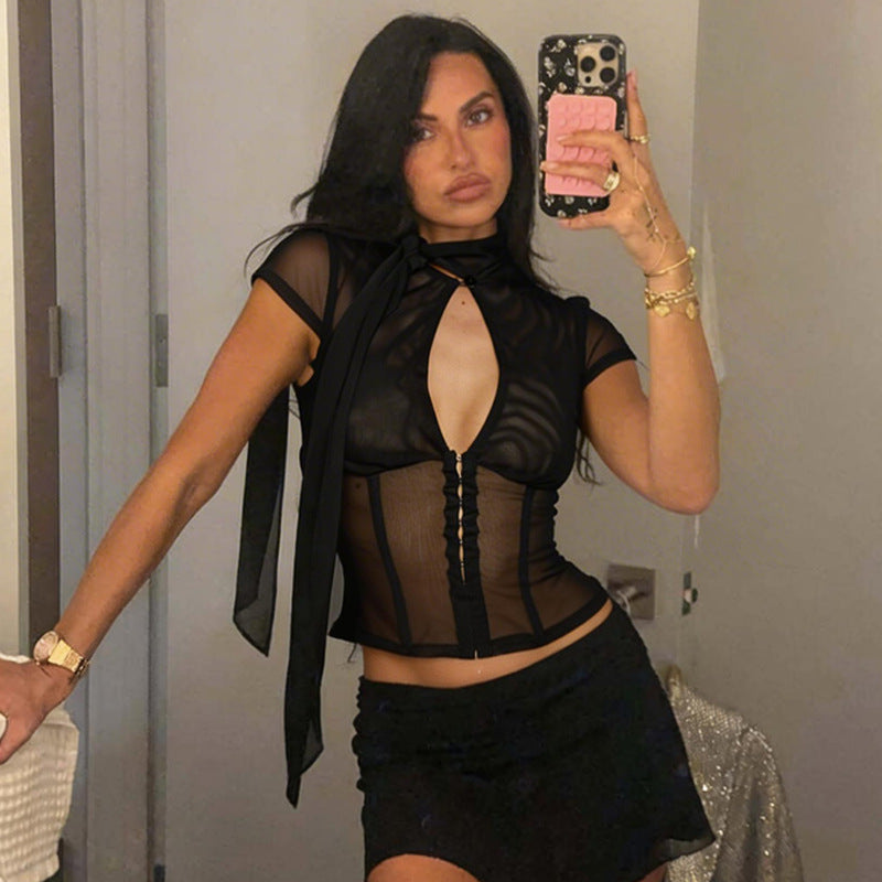 Damen Edles Spitzenoberteil mit dekorativer Schleife und transparentem Design EB