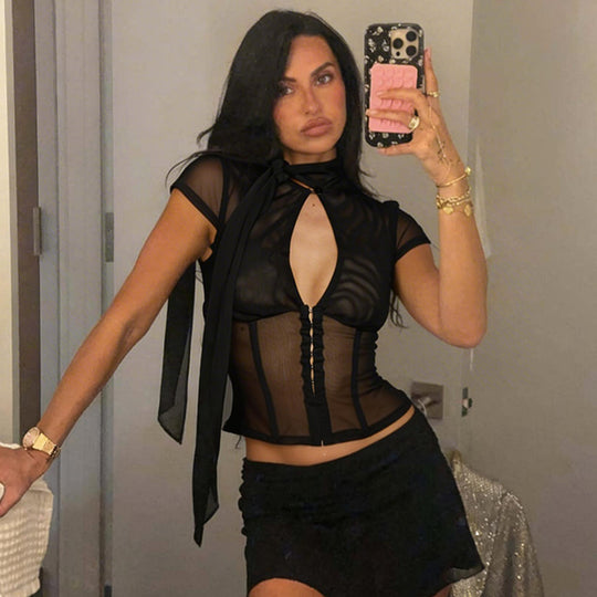 Damen Edles Spitzenoberteil mit dekorativer Schleife und transparentem Design EB