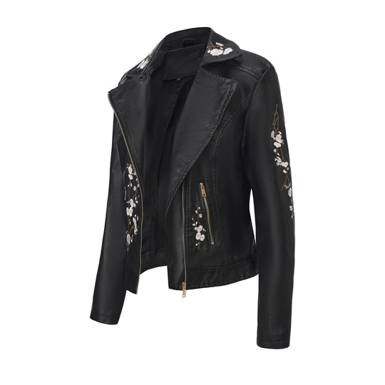 Damen modische Bikerjacke mit floralem Stickmuster EB