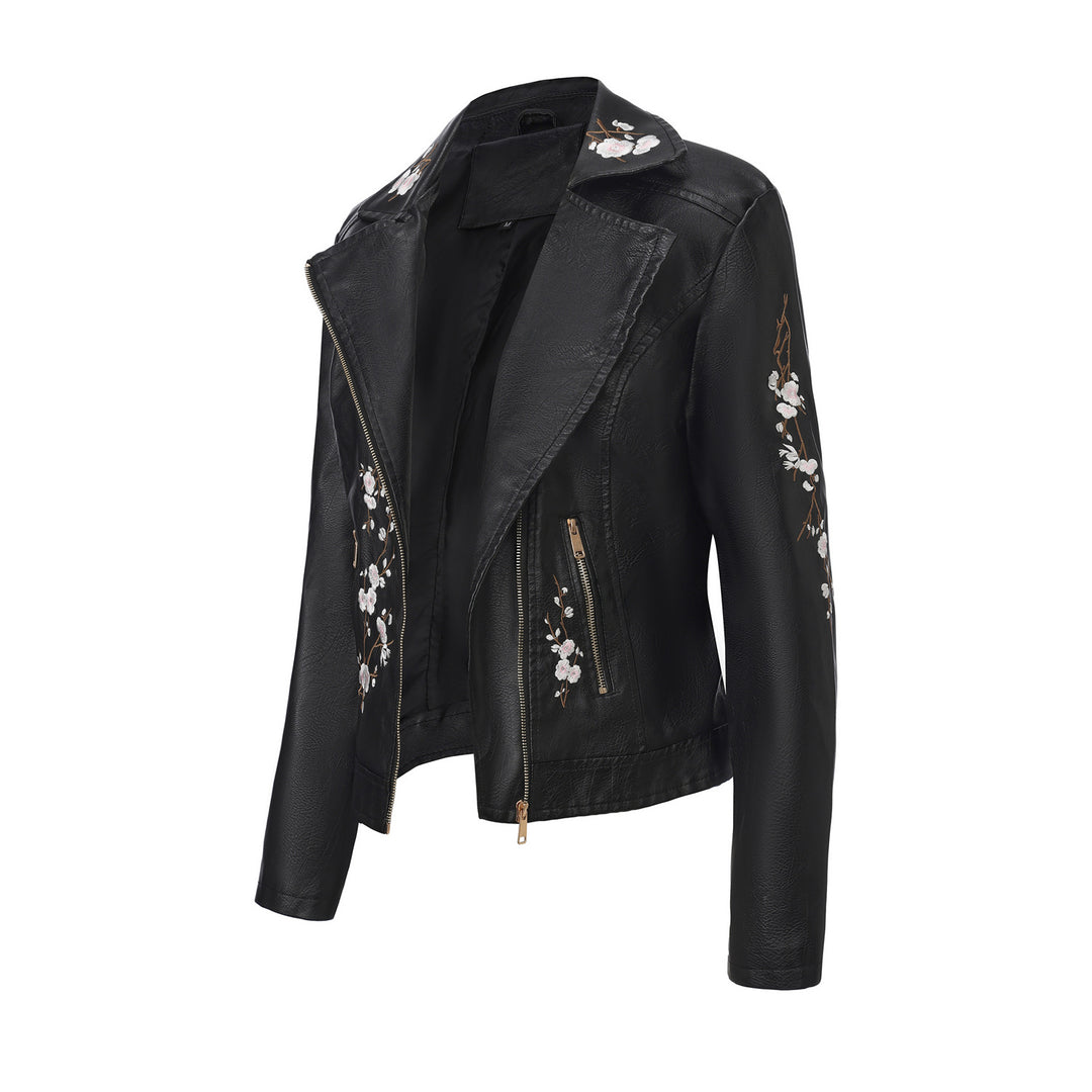 Damen nan bestickte taillierte Kunstleder Bikerjacke mit asymmetrischem Reißverschluss EB