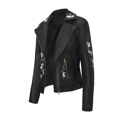 Damen nan bestickte taillierte Kunstleder Bikerjacke mit asymmetrischem Reißverschluss EB