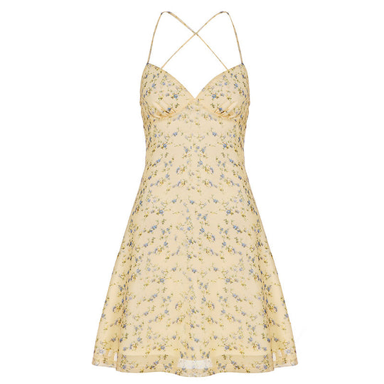Damen Kurzarm Sommerkleid mit floralem Design und verstellbaren Spaghettiträgern EB