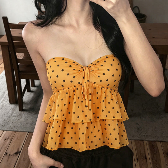 Damen luftiges Spaghetti-Trägertop mit voluminösem Rüschendesign EB