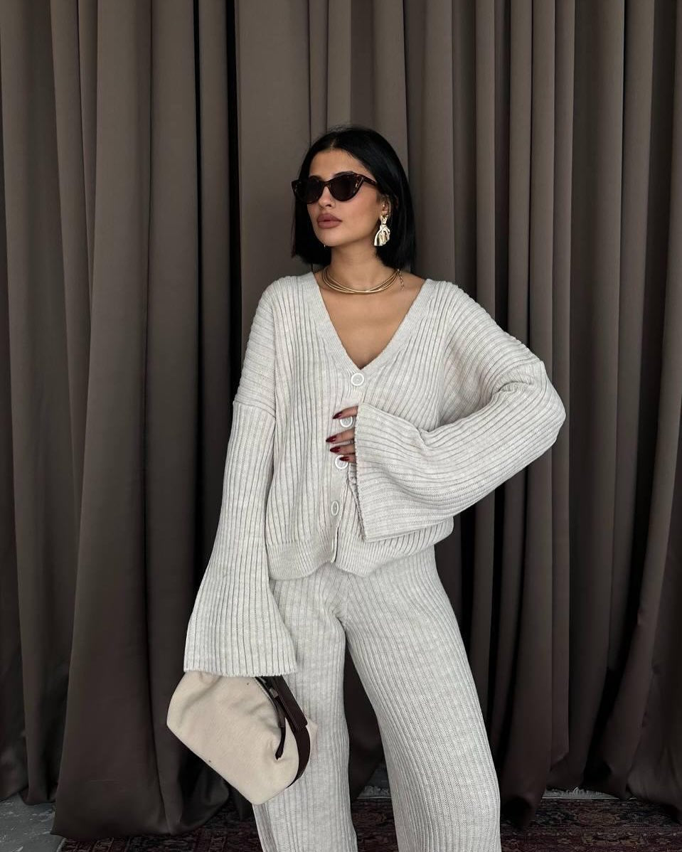 Damen Gerippter Strick‑Zweiteiler mit Oversized‑Cardigan und High‑Waist‑Sweathose EB