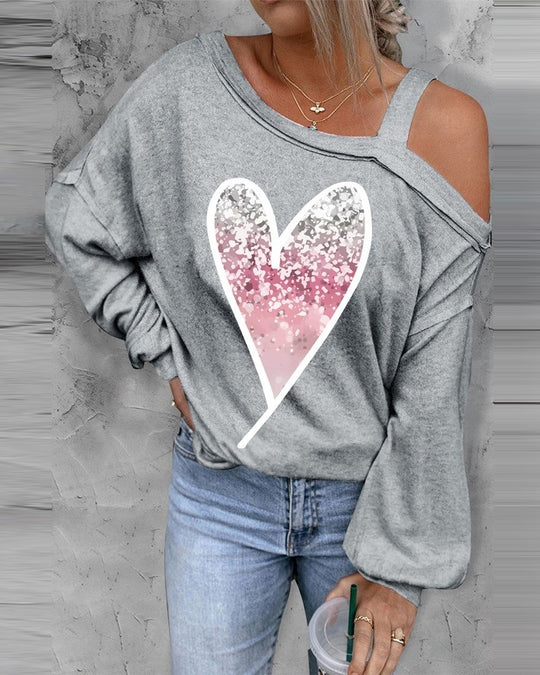Damen lässiger Oversized Pullover mit herzförmigem Glitzer-Design EB