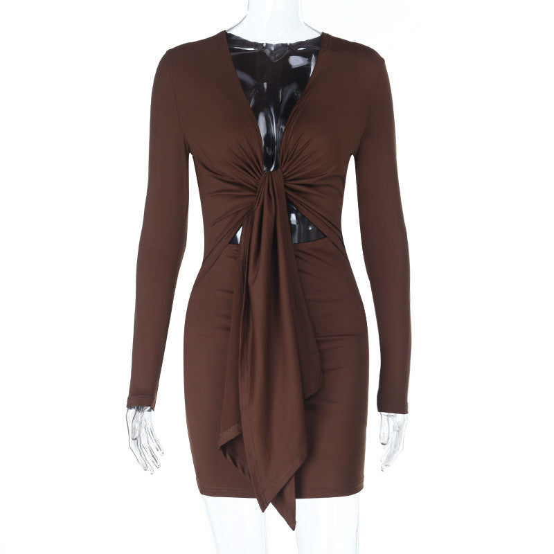Damen figurbetontes Wickeloberteil-Kleid mit langen Ärmeln und seitlichen Cut-Outs EB