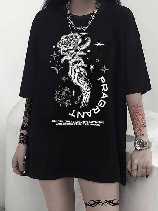 Damen T-Shirt mit künstlerischem Skelettmotiv und einzigartigem Druck EB