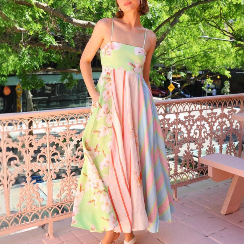Damen Maxikleid mit mehrfarbigem floralen Design und schicker Streifenoptik EB