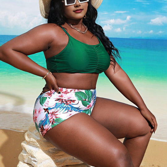 Damen Bikini-Set mit gerafftem Oberteil und floralem Höschen EB