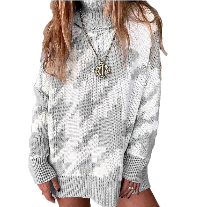 Damen Grobstrickpullover mit hohem Kragen und modernem geometrischen Muster EB