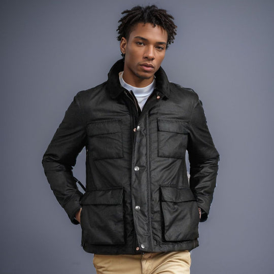 Herren modische Utility-Jacke mit mehreren praktischen Taschen und Kunstfellkragen EB