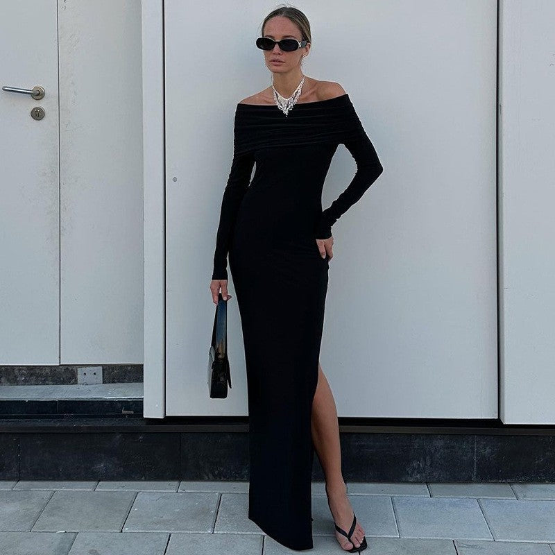 Damen Elegantes Maxikleid mit schickem Off-Shoulder-Ausschnitt und seitlichem Schlitz EB