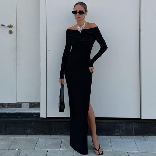 Damen Elegantes Maxikleid mit schickem Off-Shoulder-Ausschnitt und seitlichem Schlitz EB