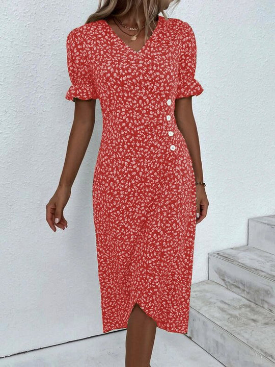 Damen Midikleid mit floralen Mustern und schmeichelndem V-Ausschnitt EB