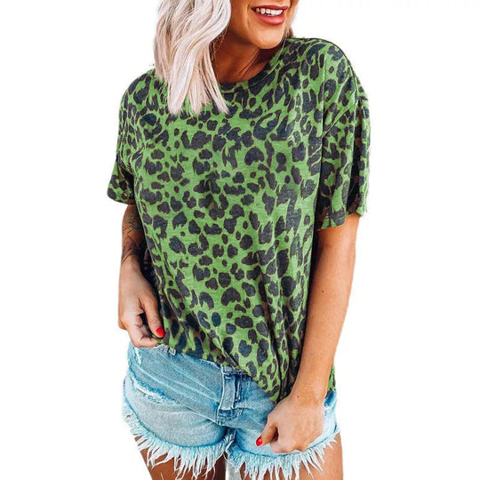 Damen lässiges Leoprint T-Shirt mit weichem Stoff und lockerer Passform EB