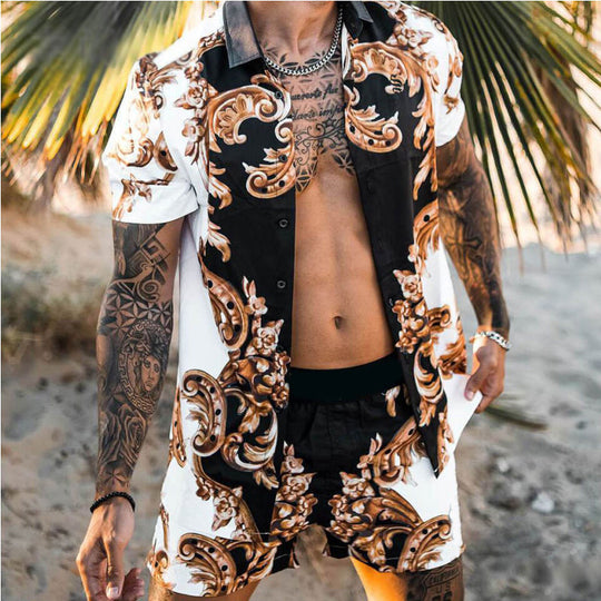 Herren nan barockgemustertes Kurzarm-Hemd mit passender locker geschnittener Shorts EB