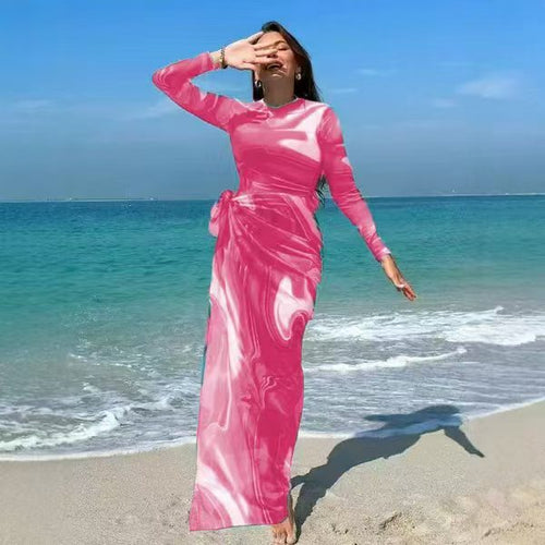 Damen Elegantes Maxi-Kleid mit Wickelgürtel EB