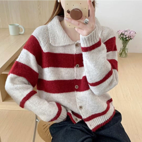 Damen Strickjacke mit dekorativem Kragen und modischen Streifen EB